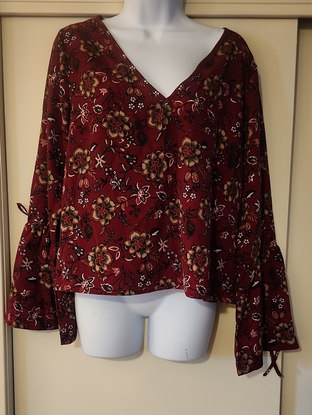 Band of Gypsies Burgundy Floral V-Neck Bell Sleeve Blouse